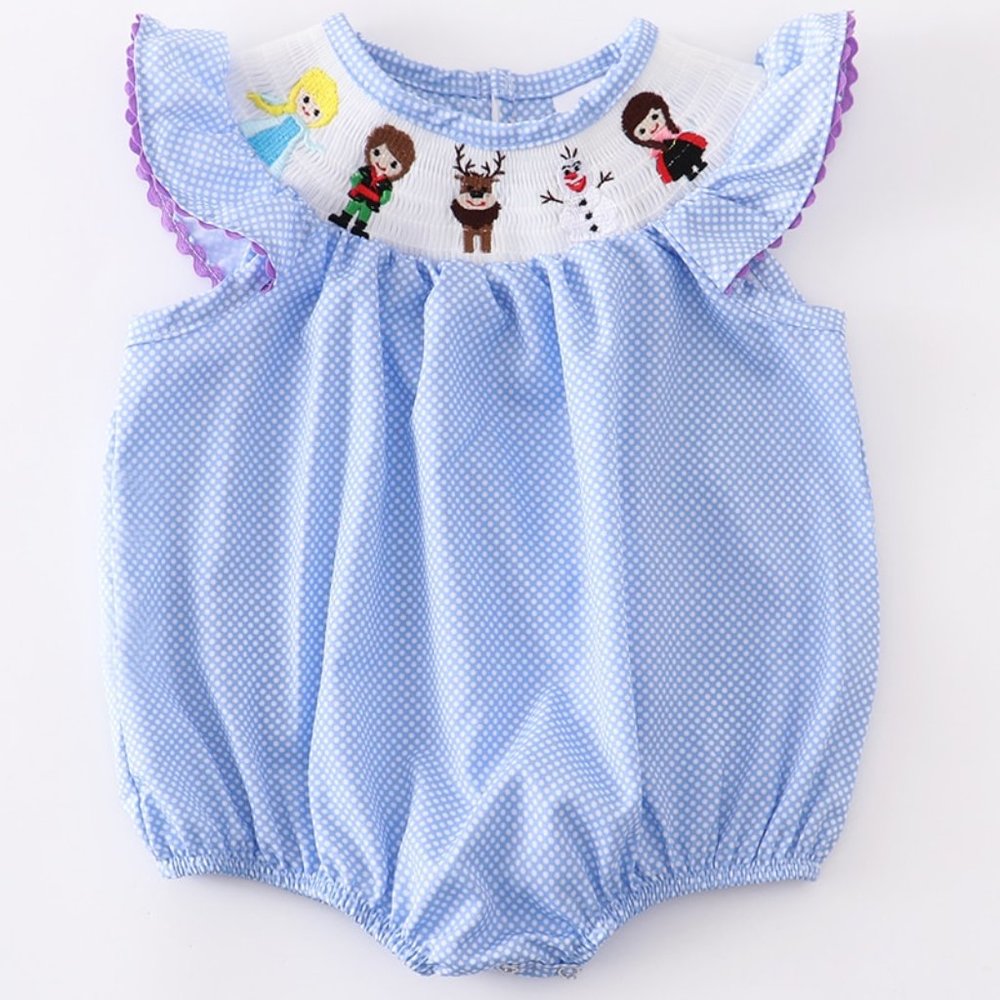 Girls Light Blue Polka Dot Smocked One-Piece Romper with Frozen Embroidery